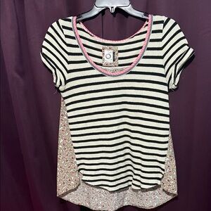 Striped Short Sleeve Top with Pink Trim
